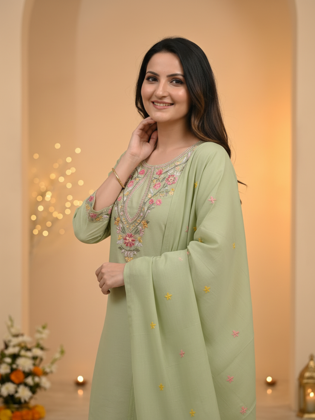 Sage Green Solid Chanderi Silk Straight Kurta Set with Floral Threadwork Embroidery, Salwar & Dupatta