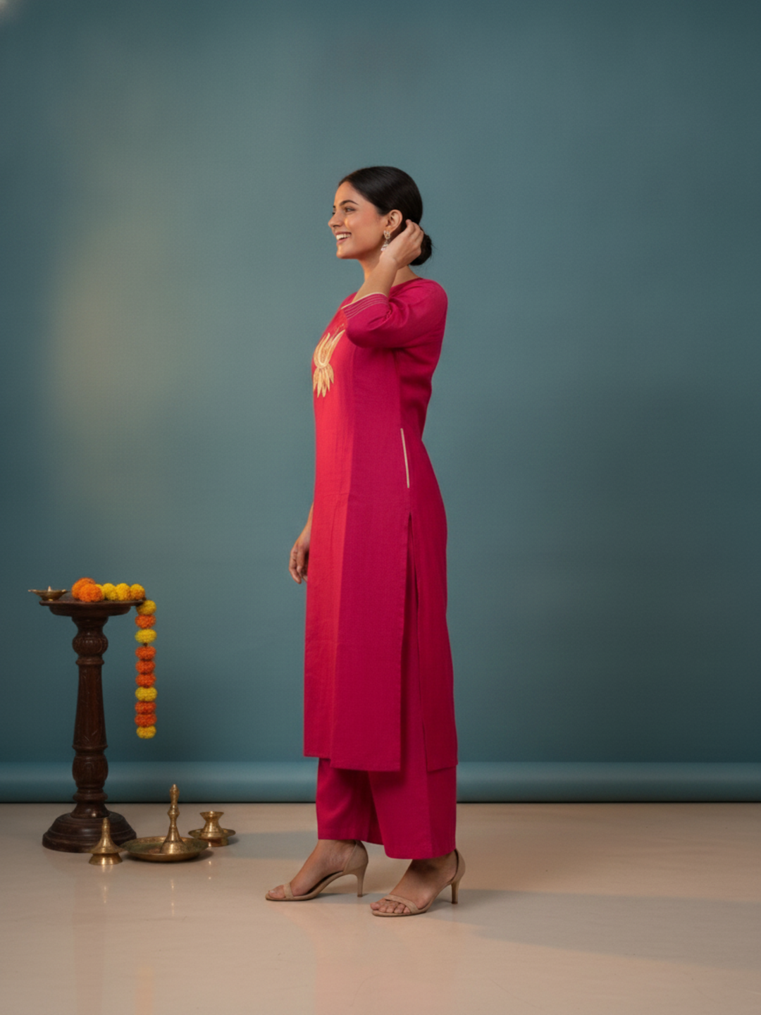 Raani Solid Silk Blend A-Line Kurta Set with Floral Thread Embroidery, Mirror Work, Palazzo & Woven Dupatta