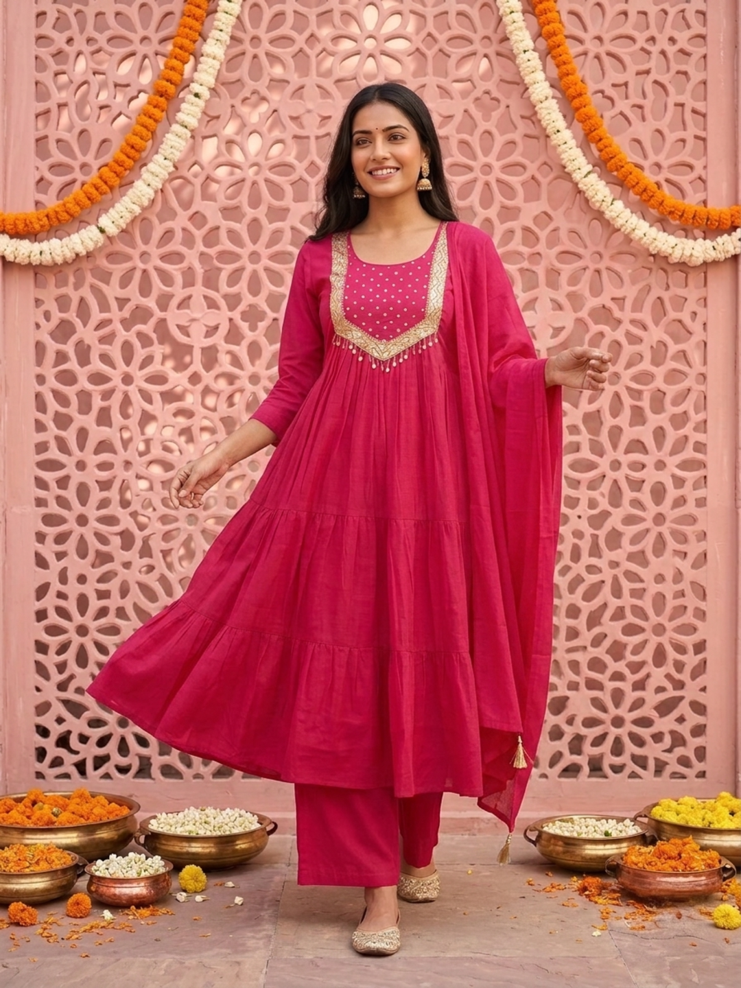 Fuchsia Solid Silk Blend A-Line Pleated Kurta Set with Hand Embroidery, Sequin Work, Pant & Tassel Dupatta
