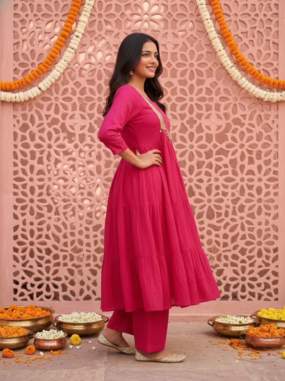 Fuchsia Solid Silk Blend A-Line Pleated Kurta Set with Hand Embroidery, Sequin Work, Pant & Tassel Dupatta