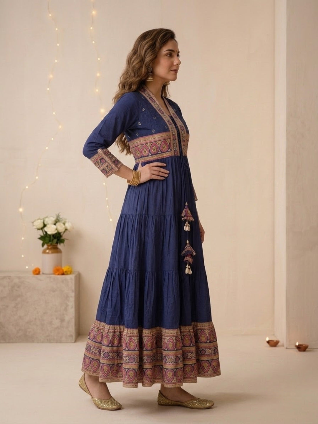 Navy Blue Printed Cotton Blend Anarkali Kurta Set with Traditional Motifs, Tassel Detail & Dupatta