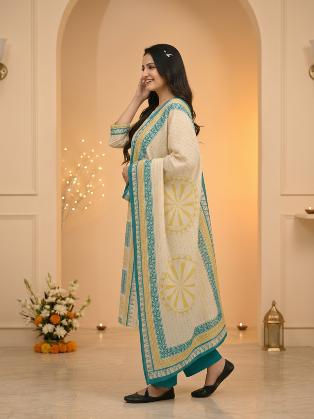 Blue Ethnic Floral Print Cotton A-Line Kurta Set with Mirror Work, Cutdana Embroidery, Palazzo & Printed Dupatta