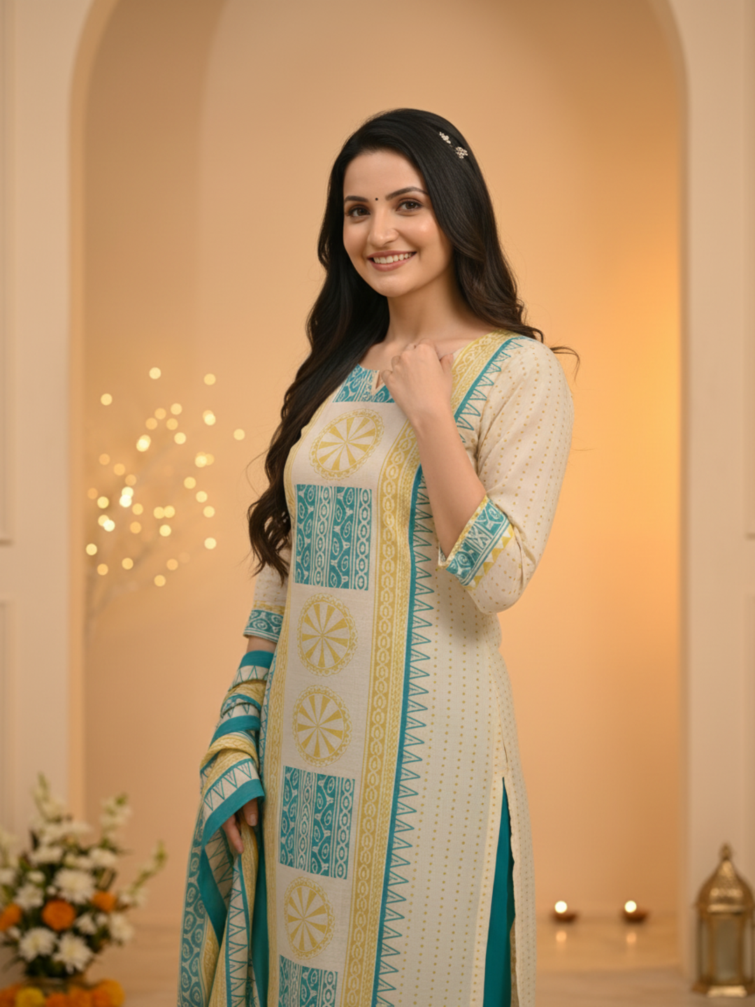 Blue Ethnic Floral Print Cotton A-Line Kurta Set with Mirror Work, Cutdana Embroidery, Palazzo & Printed Dupatta