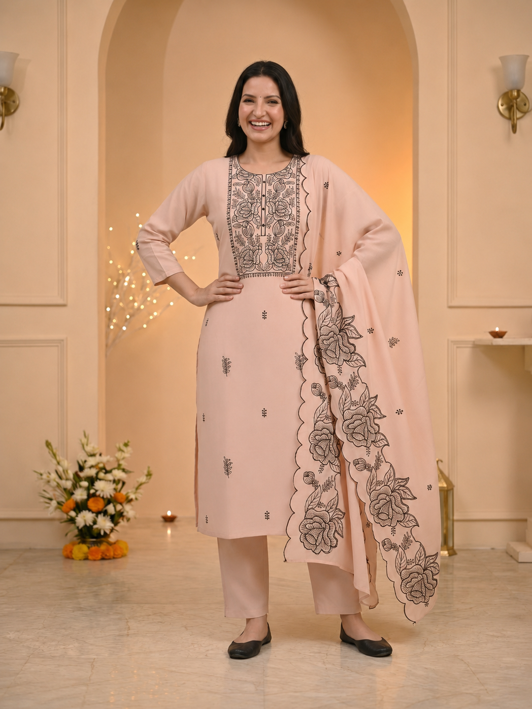 Taupe Solid Muslin Silk Straight Kurta Set with Floral Embroidered Yoke, Palazzo & Cutwork Dupatta