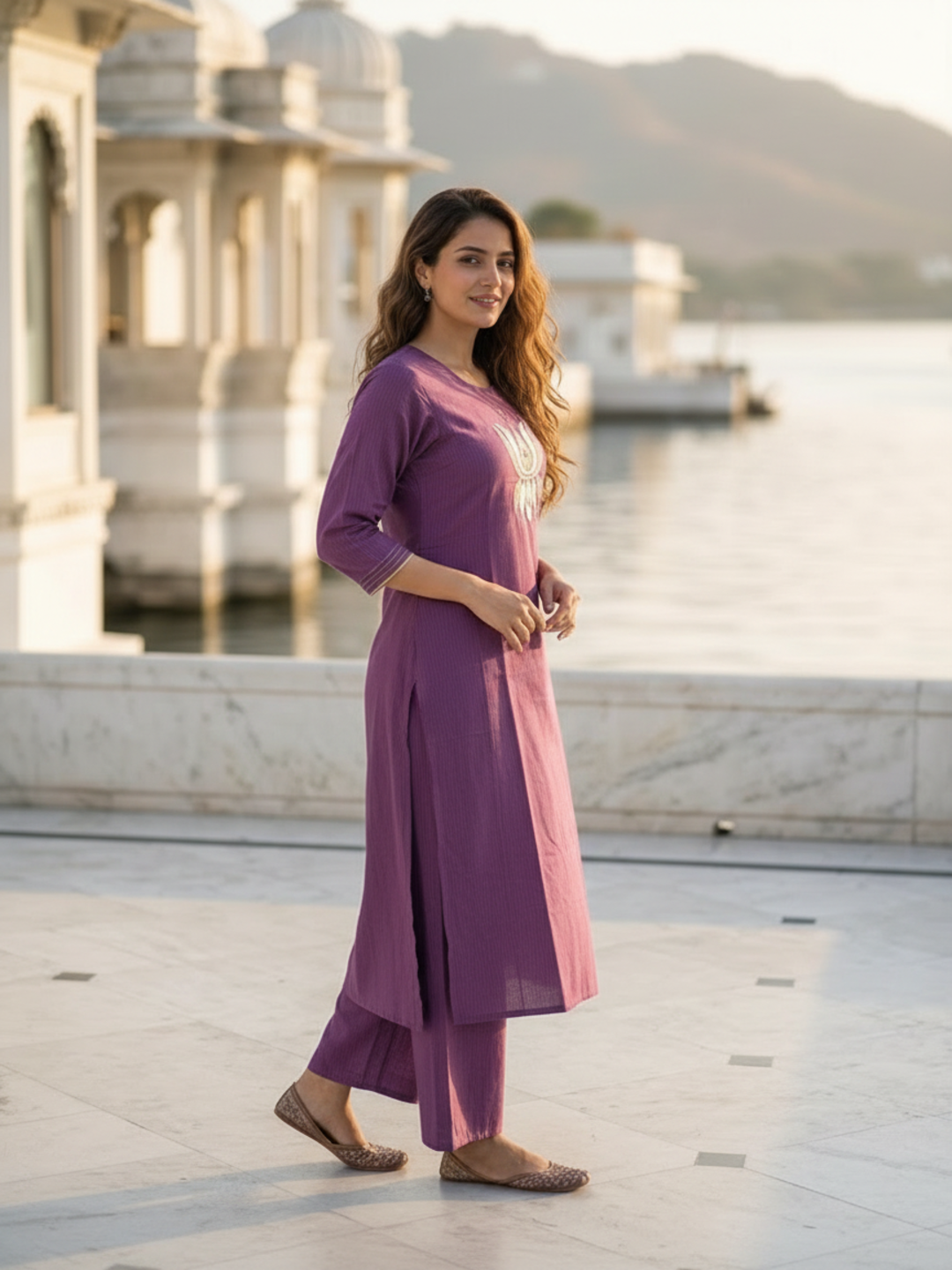 Plum Purple Solid Silk Blend A-Line Kurta Set with Floral Thread Embroidery, Mirror Work, Palazzo & Self-Design Dupatta