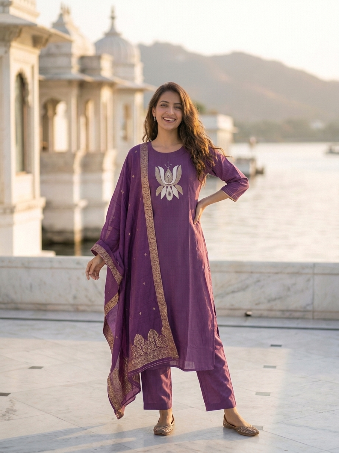 Plum Purple Solid Silk Blend A-Line Kurta Set with Floral Thread Embroidery, Mirror Work, Palazzo & Self-Design Dupatta