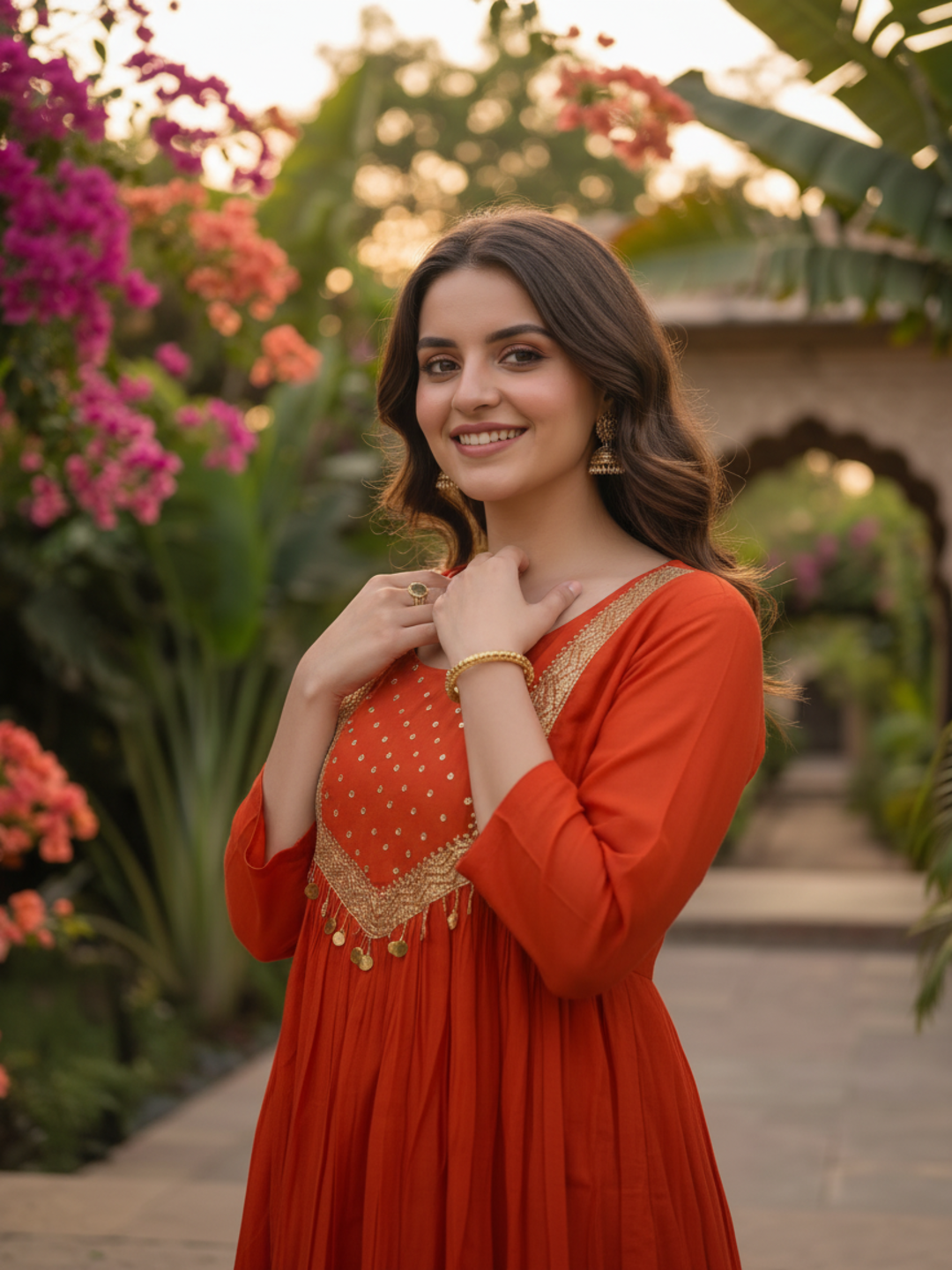 Rust Orange Solid Silk Blend A-Line Pleated Kurta Set with Hand Embroidery, Sequin Work, Pant & Tassel Dupatta