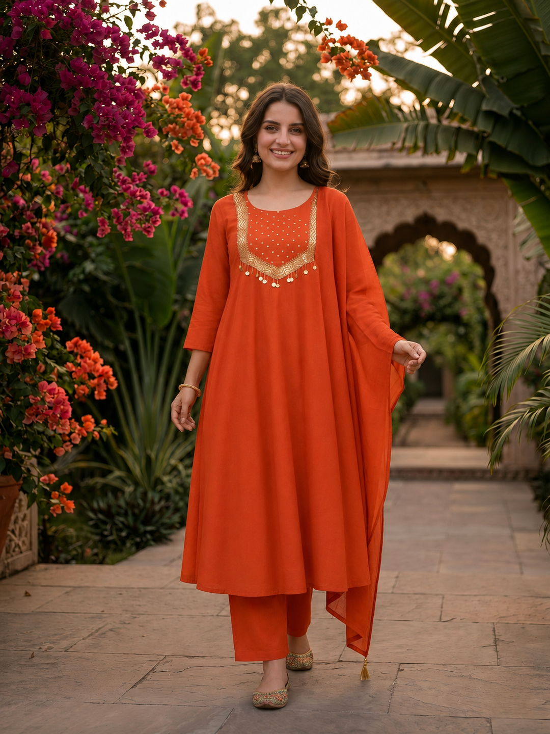 Rust Orange Solid Silk Blend A-Line Pleated Kurta Set with Hand Embroidery, Sequin Work, Pant & Tassel Dupatta