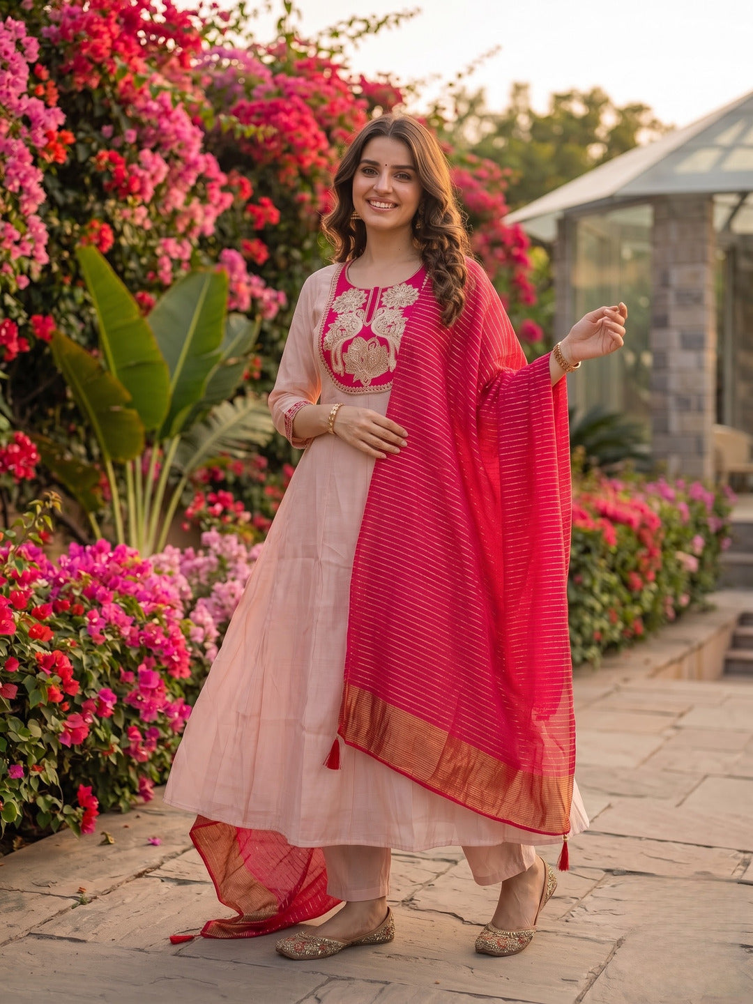 Blush Pink Solid Chanderi Silk Anarkali Kurta Set with Floral Embroidered Yoke, Pant & Woven Striped Dupatta