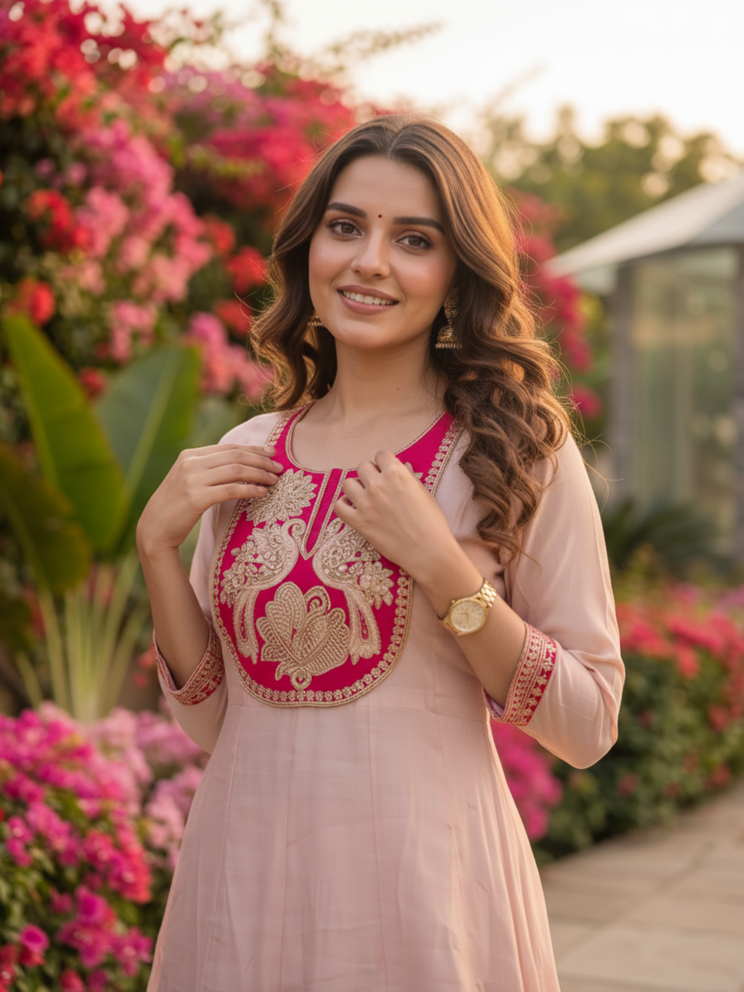 Blush Pink Solid Chanderi Silk Anarkali Kurta Set with Floral Embroidered Yoke, Pant & Woven Striped Dupatta