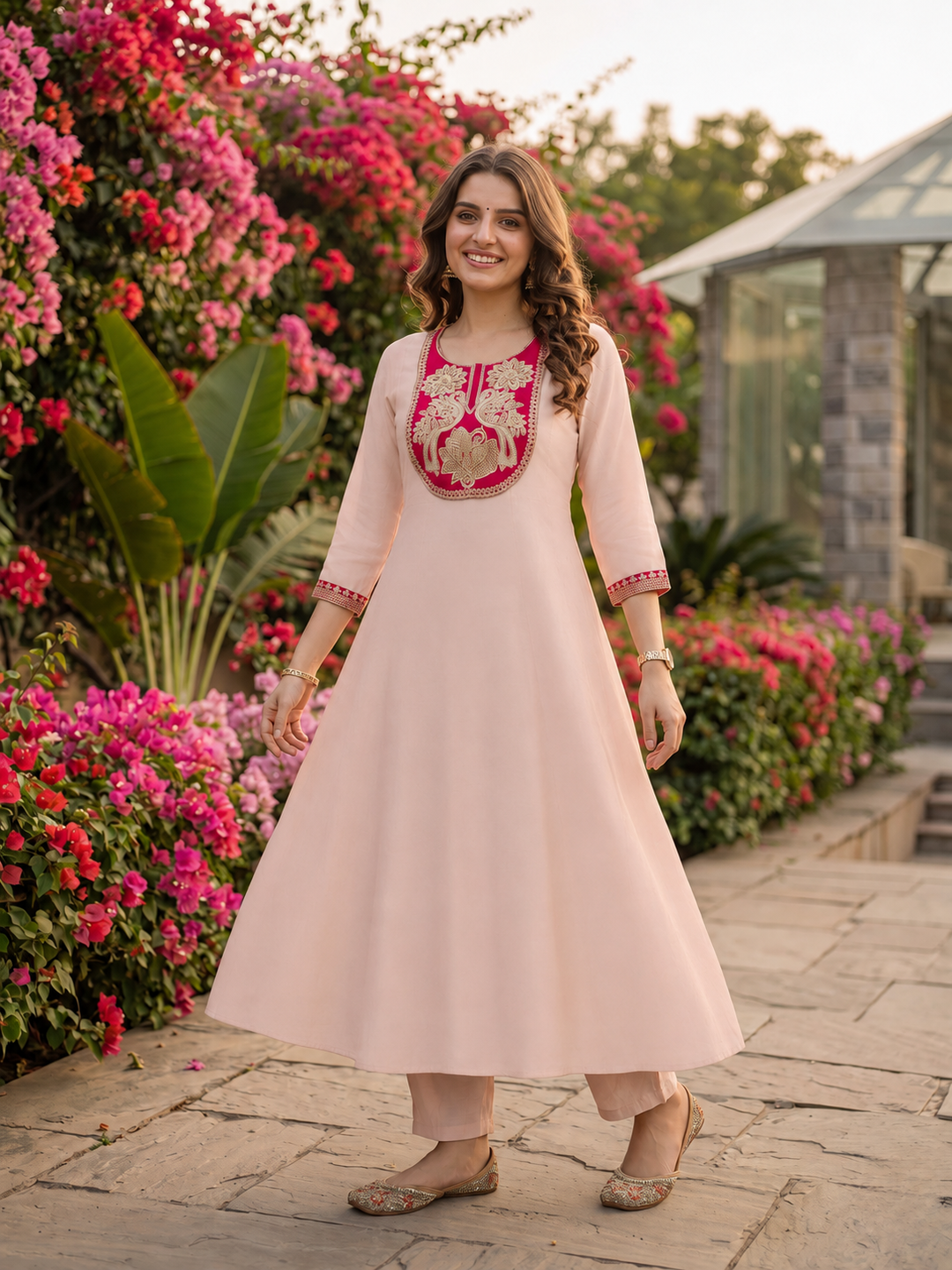 Blush Pink Solid Chanderi Silk Anarkali Kurta Set with Floral Embroidered Yoke, Pant & Woven Striped Dupatta