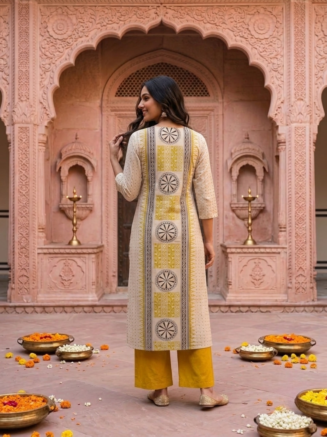 Mustard Ethnic Floral Print Cotton A-Line Kurta Set with Mirror Work, Palazzo & Grey Printed Dupatta