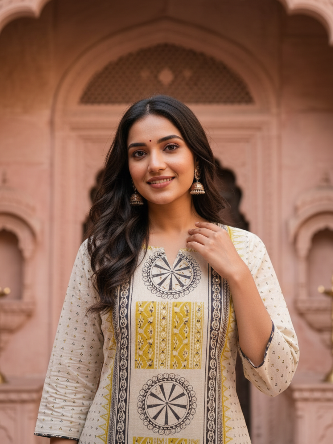 Mustard Ethnic Floral Print Cotton A-Line Kurta Set with Mirror Work, Palazzo & Grey Printed Dupatta