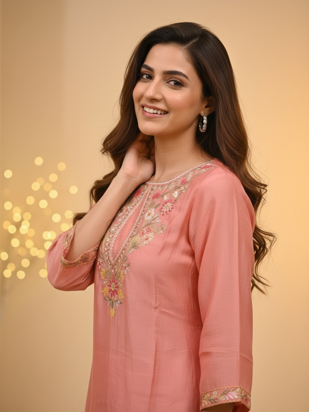 Blush Pink Solid Chanderi Silk Straight Kurta Set with Floral Thread Embroidery, Salwar & Embroidered Dupatta