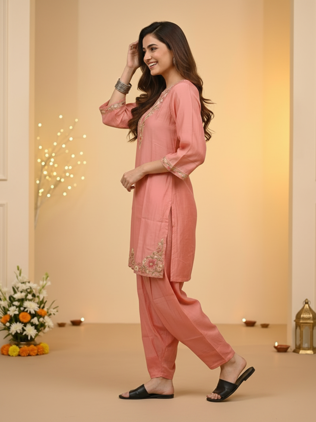 Blush Pink Solid Chanderi Silk Straight Kurta Set with Floral Thread Embroidery, Salwar & Embroidered Dupatta