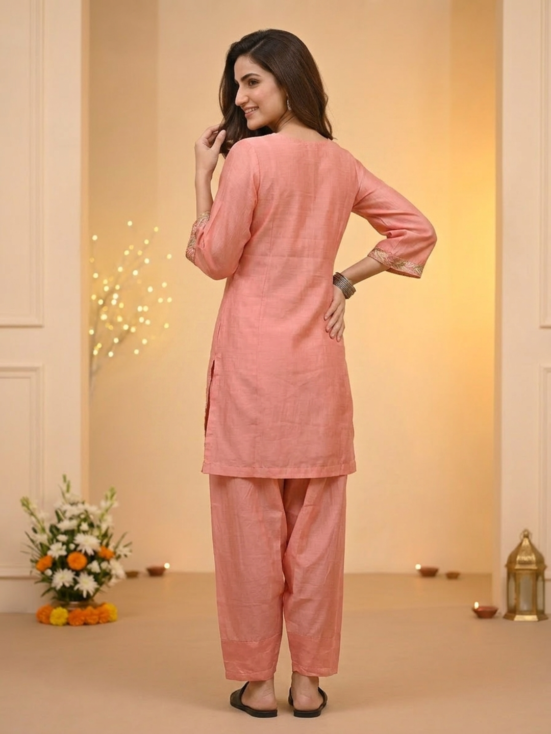 Blush Pink Solid Chanderi Silk Straight Kurta Set with Floral Thread Embroidery, Salwar & Embroidered Dupatta