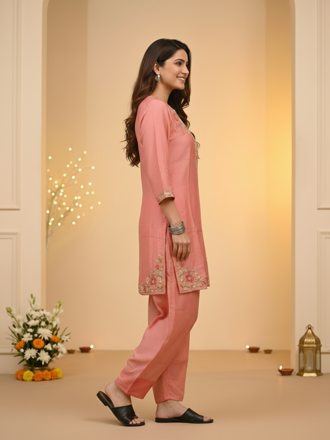 Blush Pink Solid Chanderi Silk Straight Kurta Set with Floral Thread Embroidery, Salwar & Embroidered Dupatta