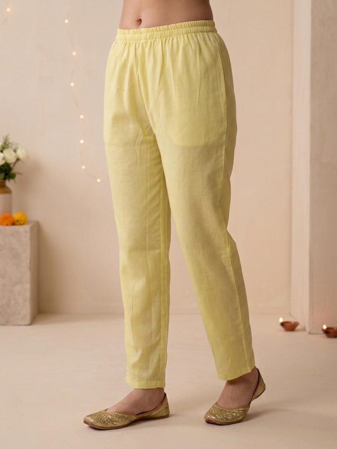 Yellow Solid Muslin Silk A-Line Kurta Set with Floral Thread Embroidery, Pant & Embroidered Dupatta