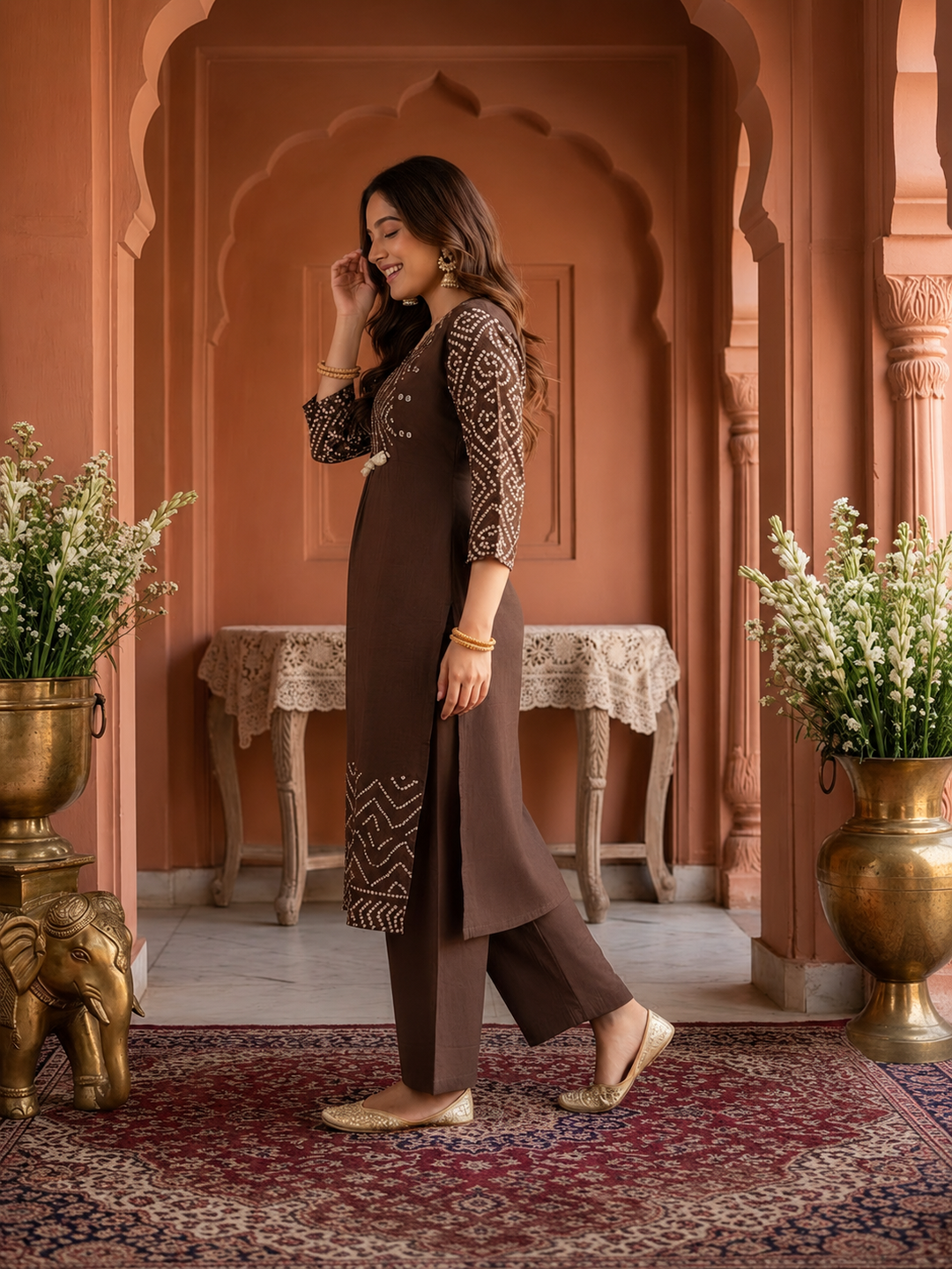 Coffee Brown Bandhani Print Cotton A-Line Kurta Set with Mirror Work, Palazzo & Printed Dupatta