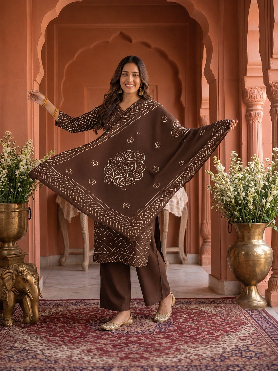 Coffee Brown Bandhani Print Cotton A-Line Kurta Set with Mirror Work, Palazzo & Printed Dupatta
