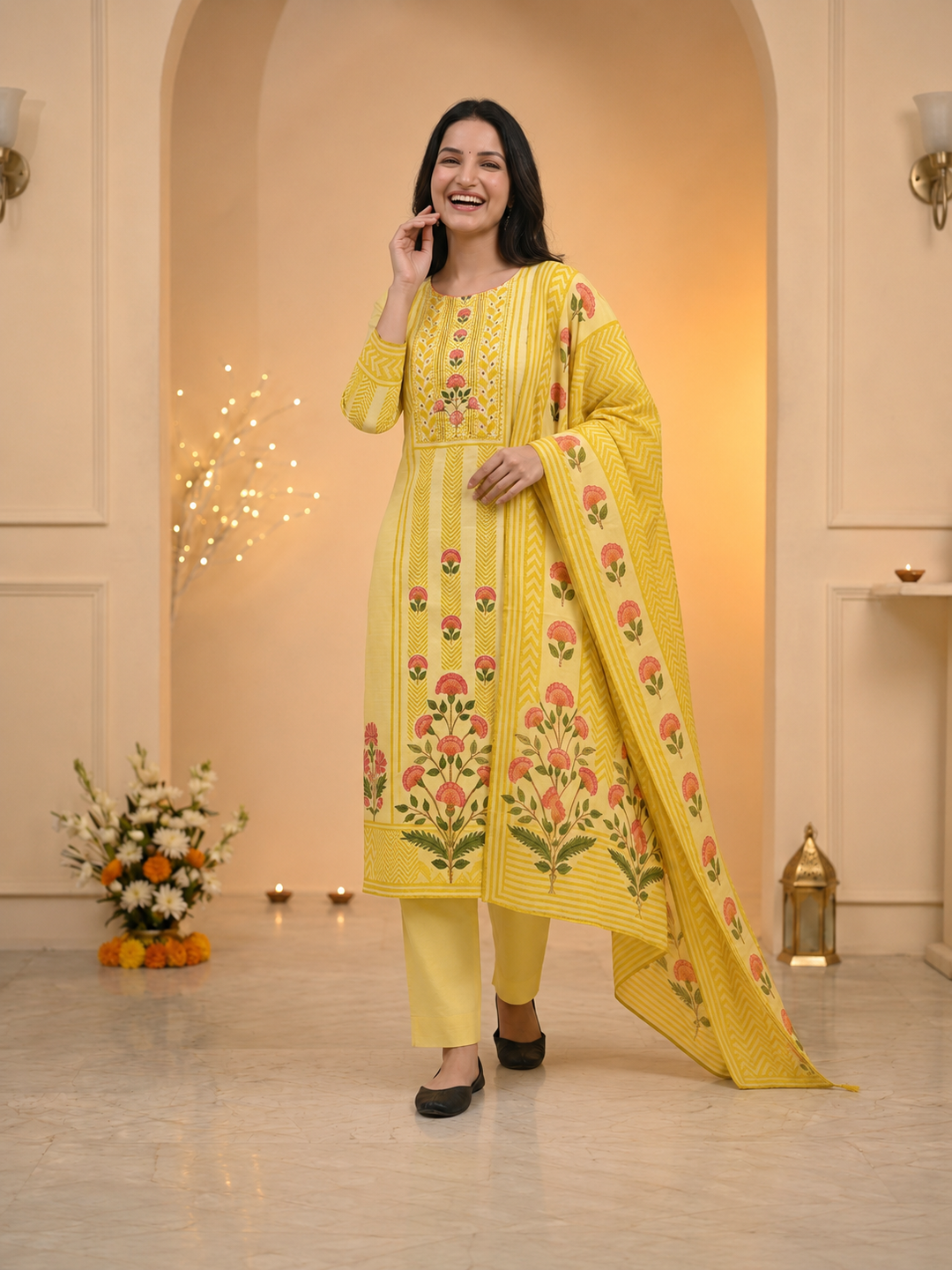 Pastel Yellow Ethnic Floral Print Cotton Straight Kurta Set with Cutdana Embroidery, Pant & Printed Dupatta