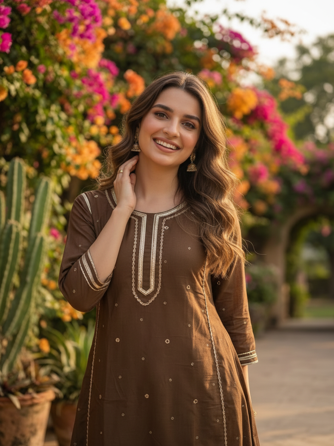 Coffee Brown Solid Cotton Mulmul A-Line Kurta Set with Gota & Mirror Work, Lace Detail & White Salwar