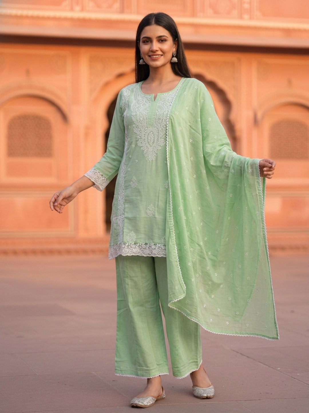 Mint Green Solid Cotton Chikankari Straight Kurta Set with Palazzo & Solid Pure Cotton Dupatta