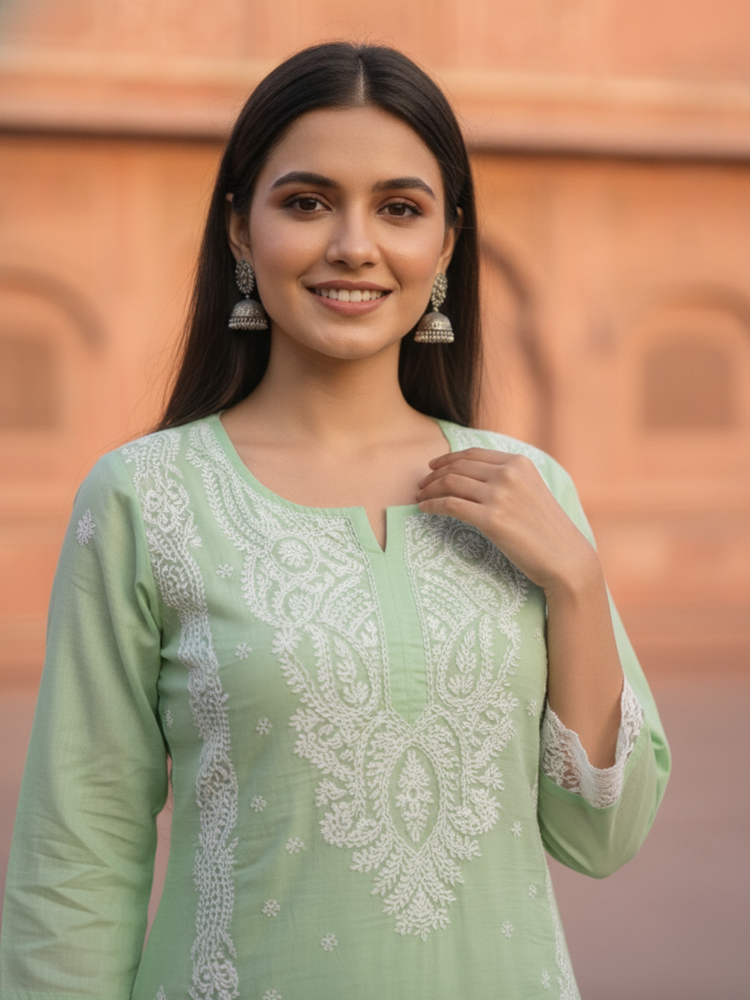 Mint Green Solid Cotton Chikankari Straight Kurta Set with Palazzo & Solid Pure Cotton Dupatta