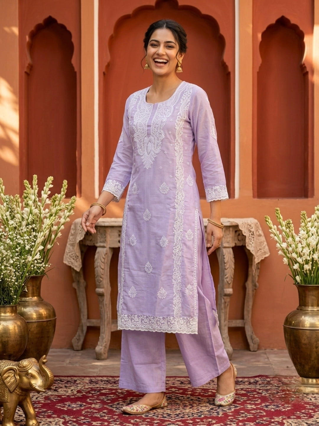 Purple Cotton Mulmul Chikankari Straight Kurta Set with Palazzo & Embroidered Dupatta