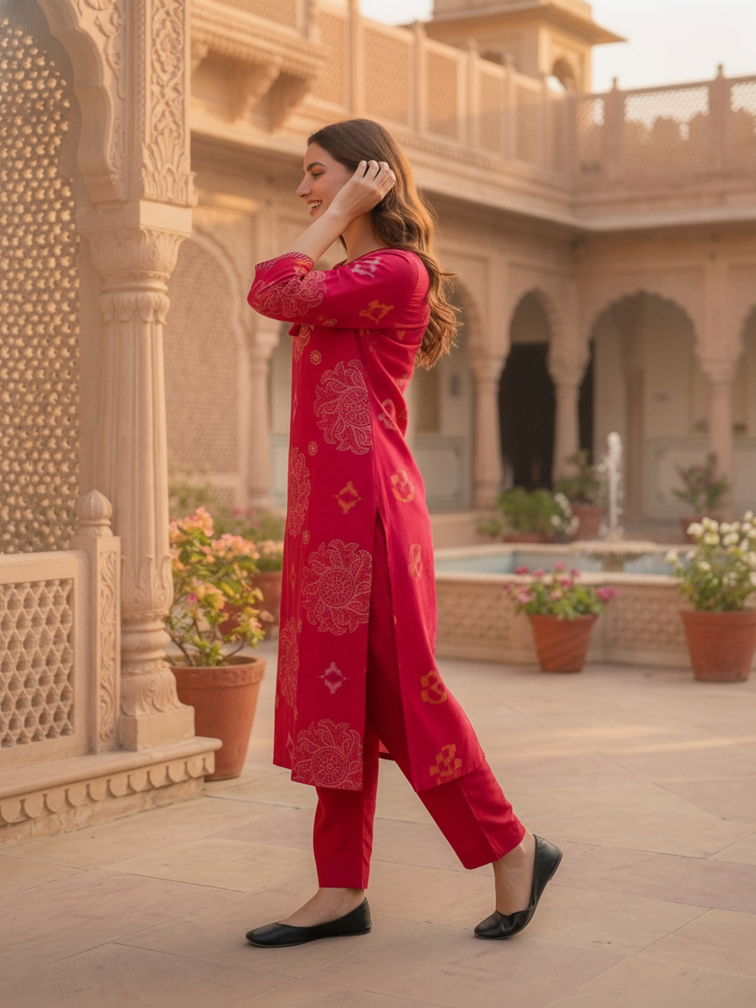 Fuchsia Bandhani Print Cotton Straight Kurta Set with Zari Embroidery, Pink Pant & Printed Dupatta
