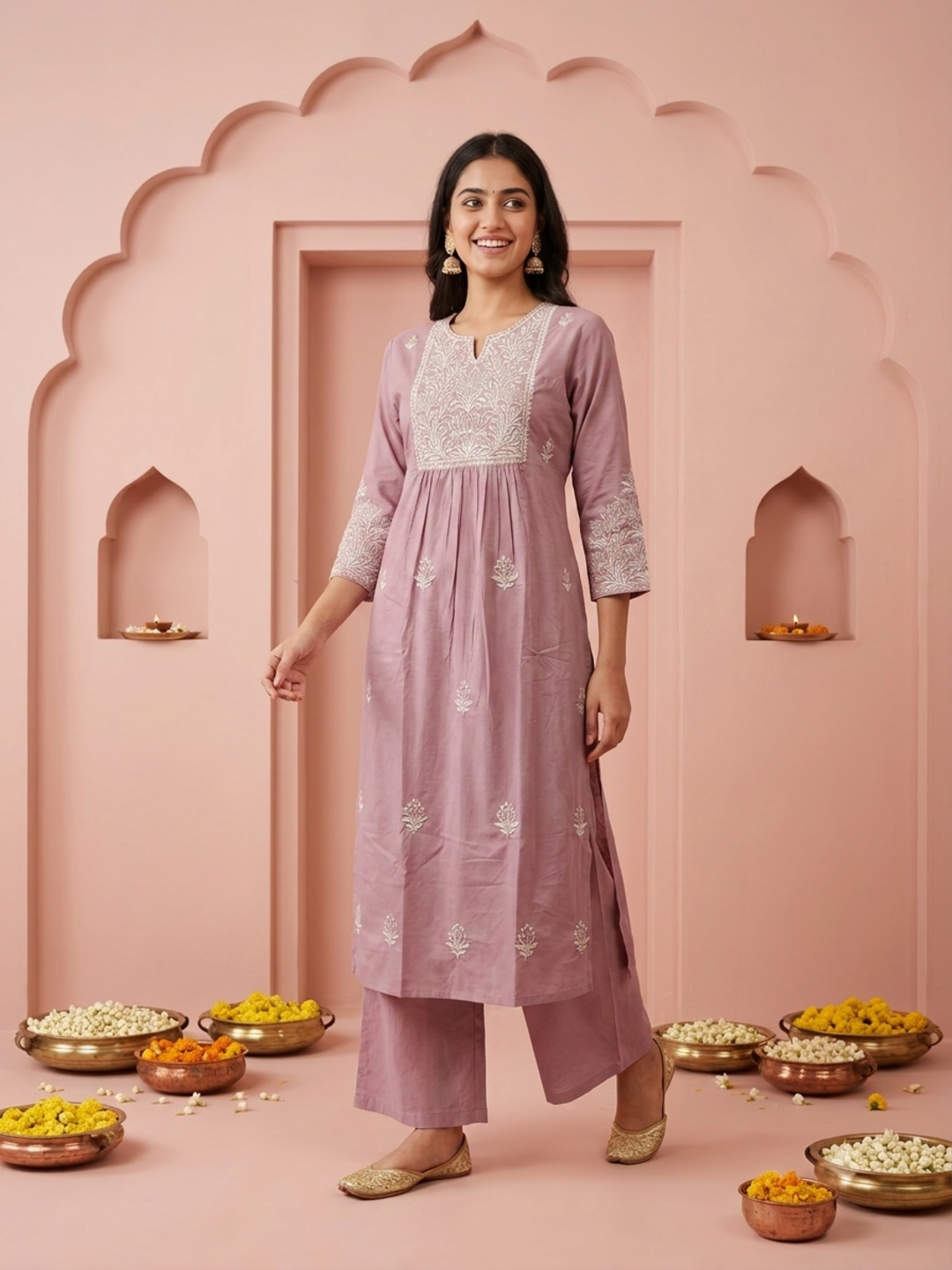 Mauve Solid Cotton A-Line Pleated Kurta Set with Floral Embroidered Yoke, Pant & Embroidered Mulmul Dupatta