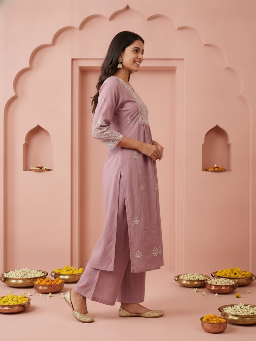 Mauve Solid Cotton A-Line Pleated Kurta Set with Floral Embroidered Yoke, Pant & Embroidered Mulmul Dupatta