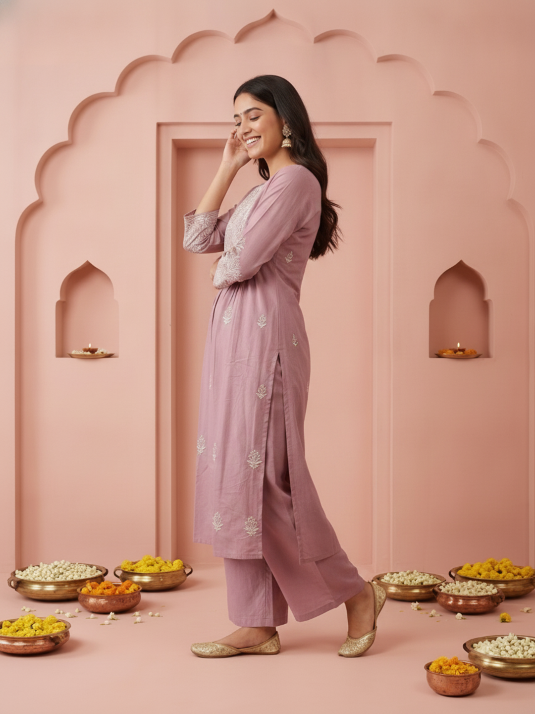 Mauve Solid Cotton A-Line Pleated Kurta Set with Floral Embroidered Yoke, Pant & Embroidered Mulmul Dupatta