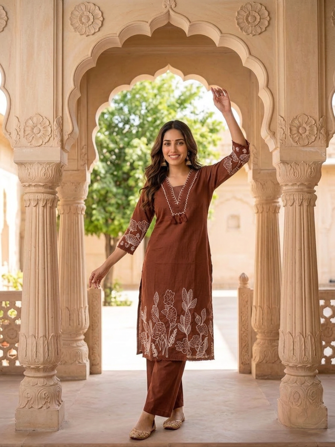 Rust Solid Cotton Straight Kurta Set with Abstract Embroidery, Handwork, Palazzo & Embroidered Dupatta