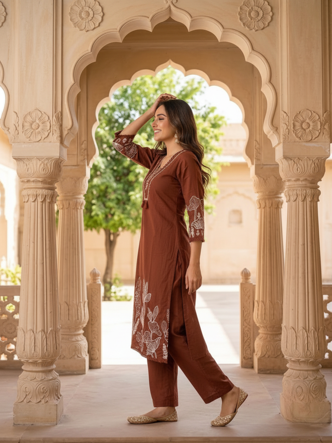Rust Solid Cotton Straight Kurta Set with Abstract Embroidery, Handwork, Palazzo & Embroidered Dupatta