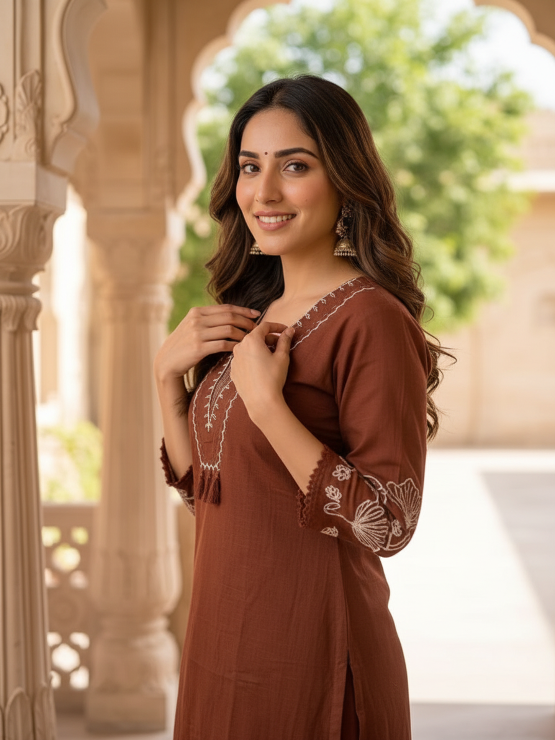 Rust Solid Cotton Straight Kurta Set with Abstract Embroidery, Handwork, Palazzo & Embroidered Dupatta