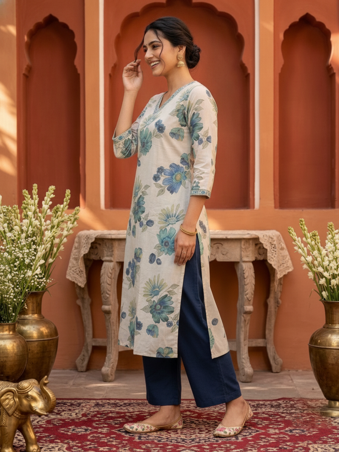 Blue Floral Foil Print Cotton Straight Kurta Set with Embroidery, V-Neck, Pant & Multi Printed Dupatta