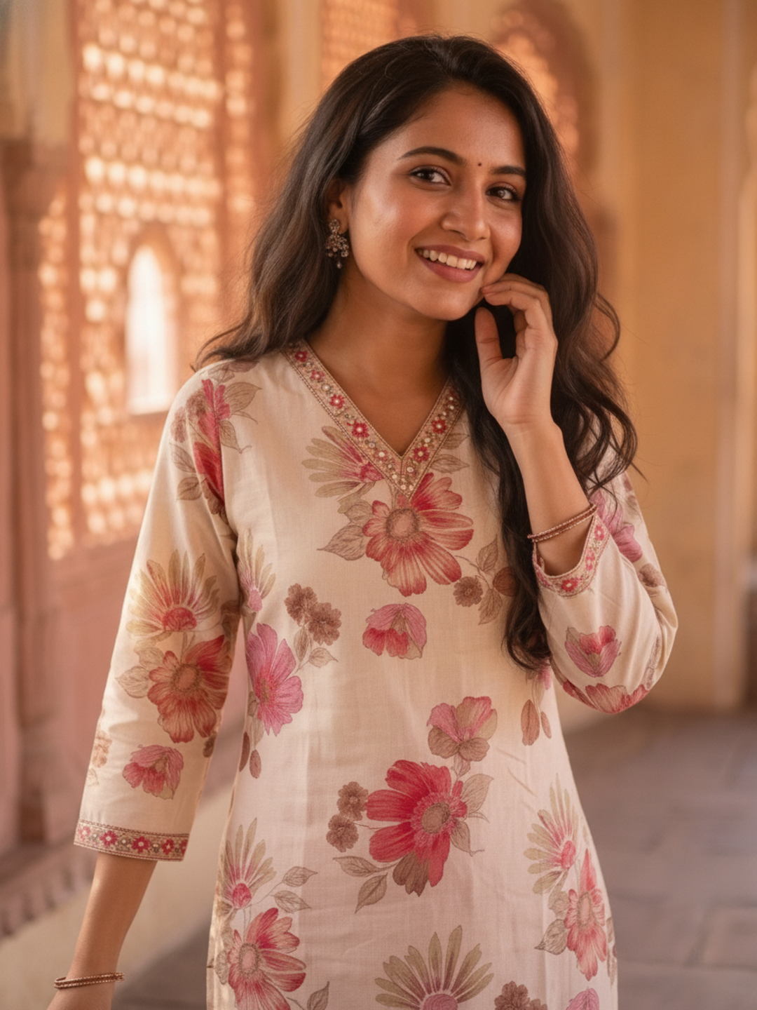 Pink Floral Foil Print Cotton Straight Kurta Set with V-Neck, Pant & Multi Printed Dupatta