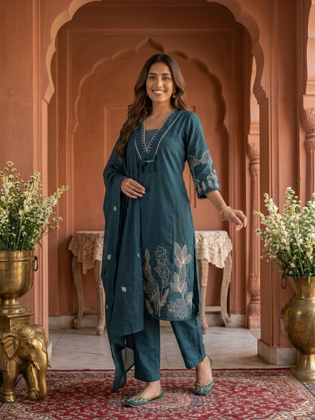 Green Solid Cotton Straight Kurta Set with Abstract Embroidery, Handwork, Palazzo & Embroidered Dupatta