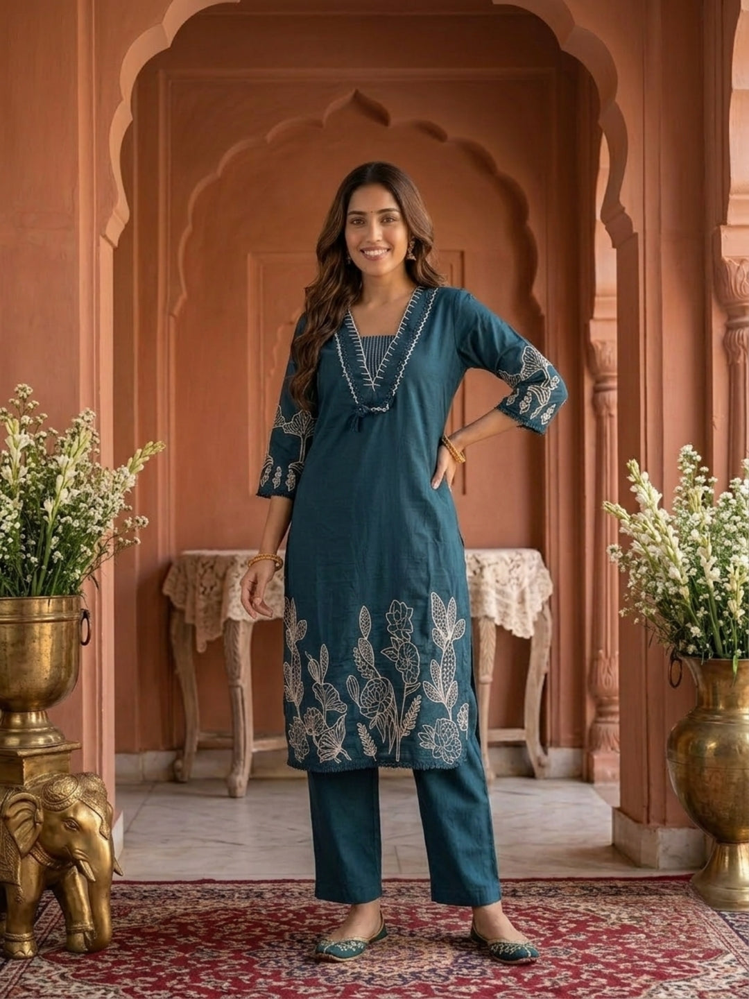 Green Solid Cotton Straight Kurta Set with Abstract Embroidery, Handwork, Palazzo & Embroidered Dupatta