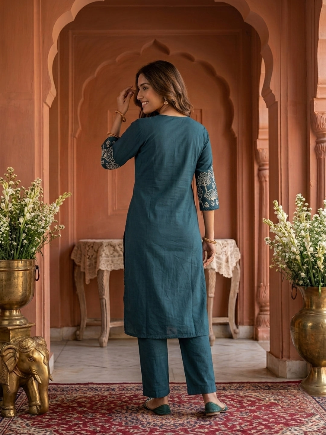 Green Solid Cotton Straight Kurta Set with Abstract Embroidery, Handwork, Palazzo & Embroidered Dupatta
