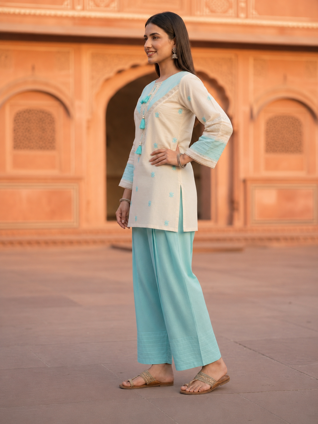 Sky Blue Solid Cotton Straight Kurta Set with Floral Embroidery, Pintucks, Crochet Lace & Salwar