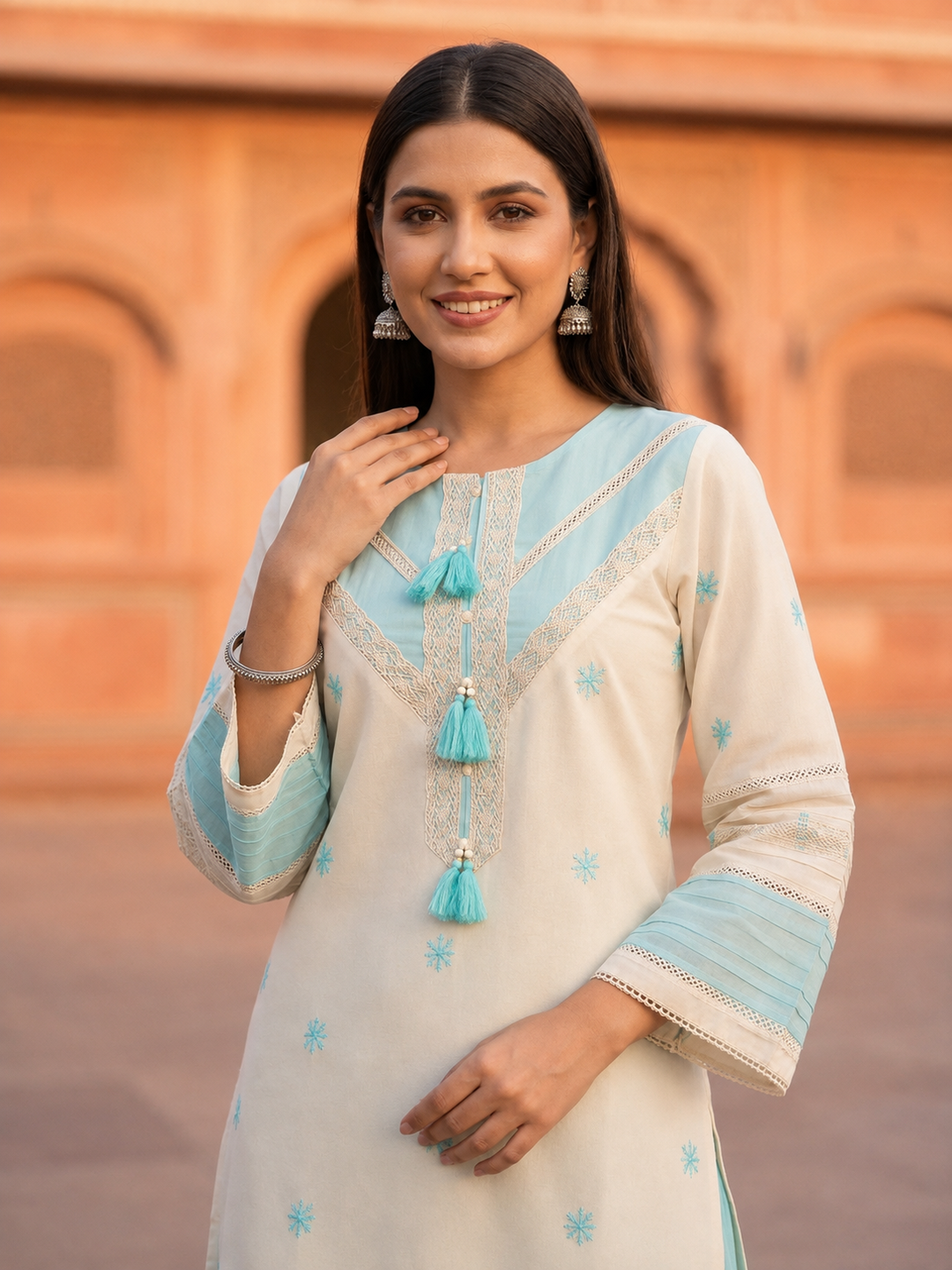 Sky Blue Solid Cotton Straight Kurta Set with Floral Embroidery, Pintucks, Crochet Lace & Salwar