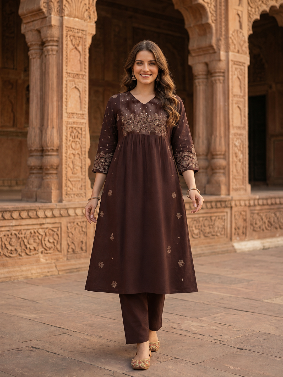 Dark Brown Solid Cotton A-Line Pleated Kurta Set with Floral Embroidery, Bead & Sequin Detail, V-Neck & Palazzo