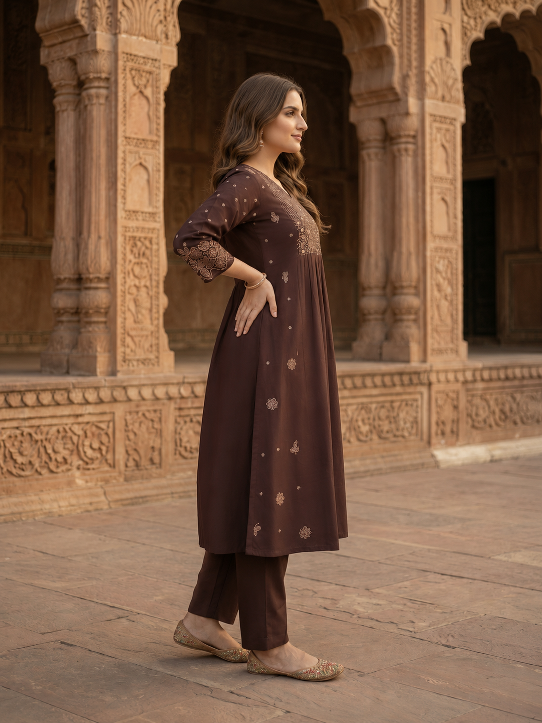 Dark Brown Solid Cotton A-Line Pleated Kurta Set with Floral Embroidery, Bead & Sequin Detail, V-Neck & Palazzo
