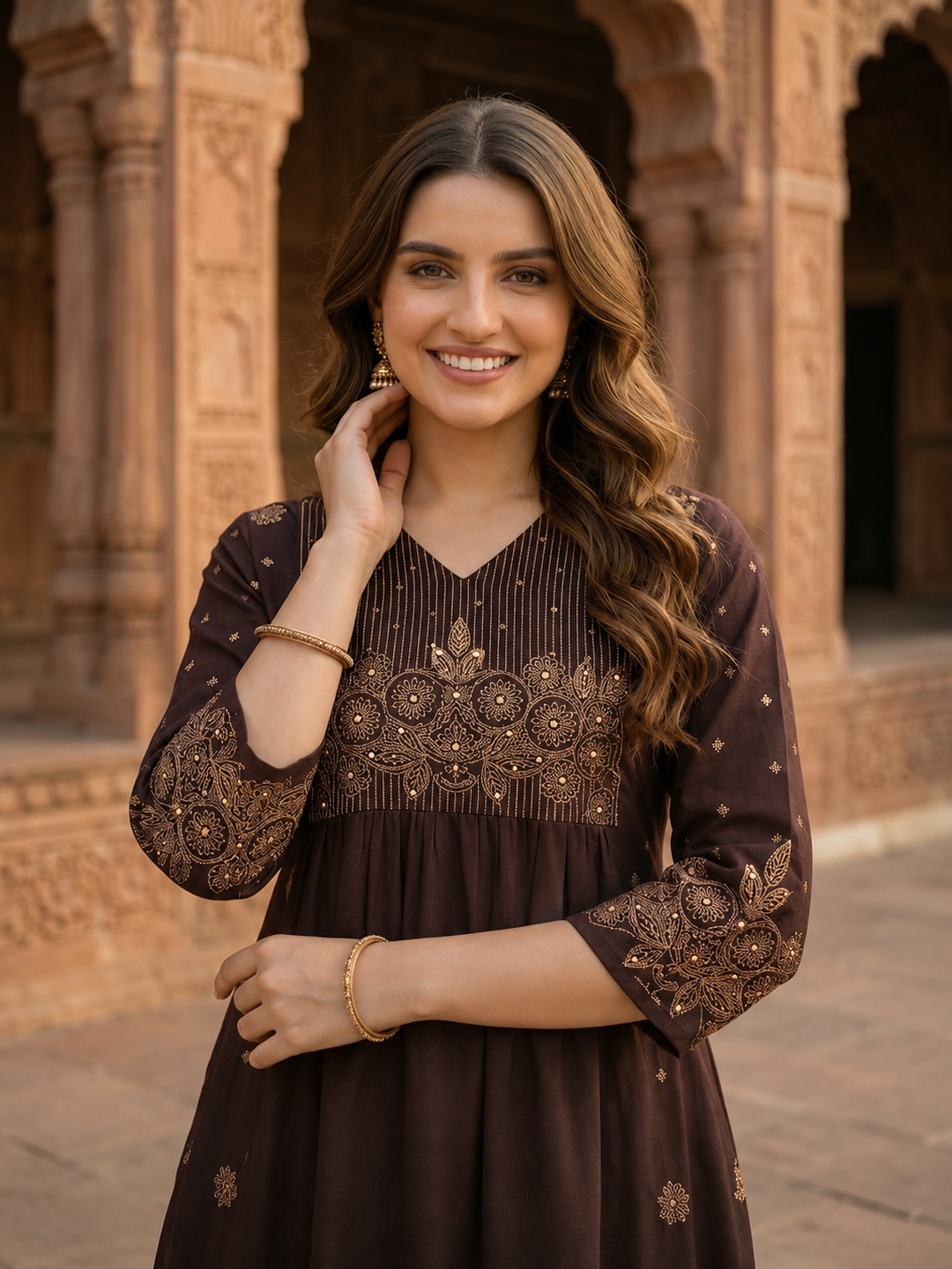 Dark Brown Solid Cotton A-Line Pleated Kurta Set with Floral Embroidery, Bead & Sequin Detail, V-Neck & Palazzo
