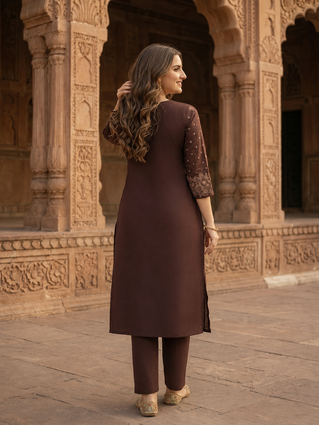 Dark Brown Solid Cotton A-Line Pleated Kurta Set with Floral Embroidery, Bead & Sequin Detail, V-Neck & Palazzo