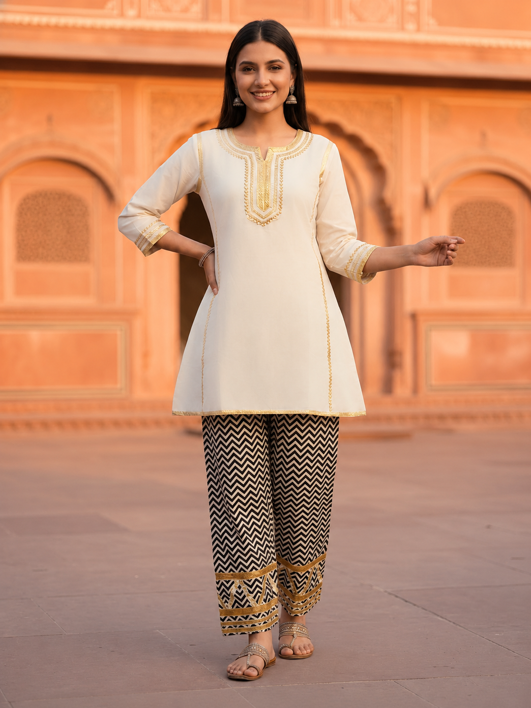 White Solid Cotton A-Line Paneled Kurta Set with Gota Work, Round Neck & Chevron Printed Salwar