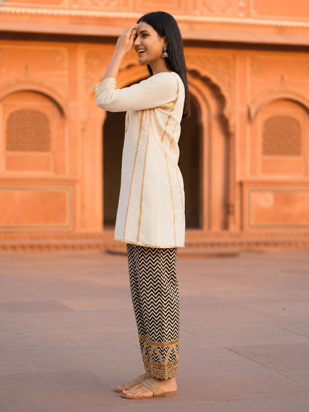 White Solid Cotton A-Line Paneled Kurta Set with Gota Work, Round Neck & Chevron Printed Salwar