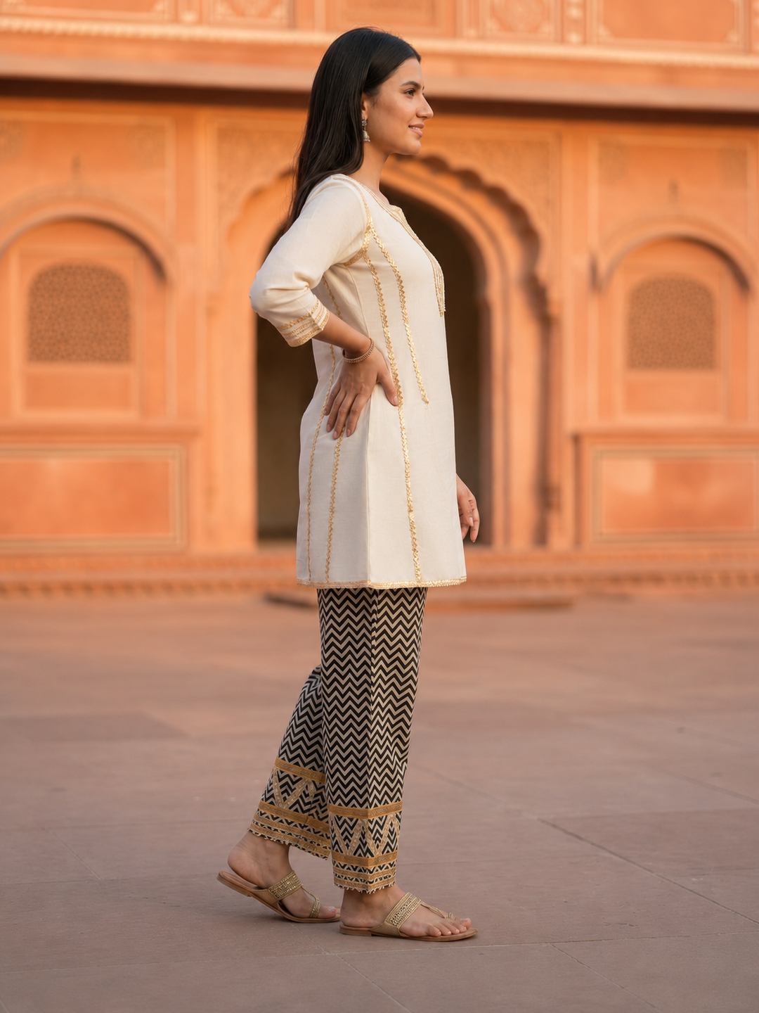 White Solid Cotton A-Line Paneled Kurta Set with Gota Work, Round Neck & Chevron Printed Salwar
